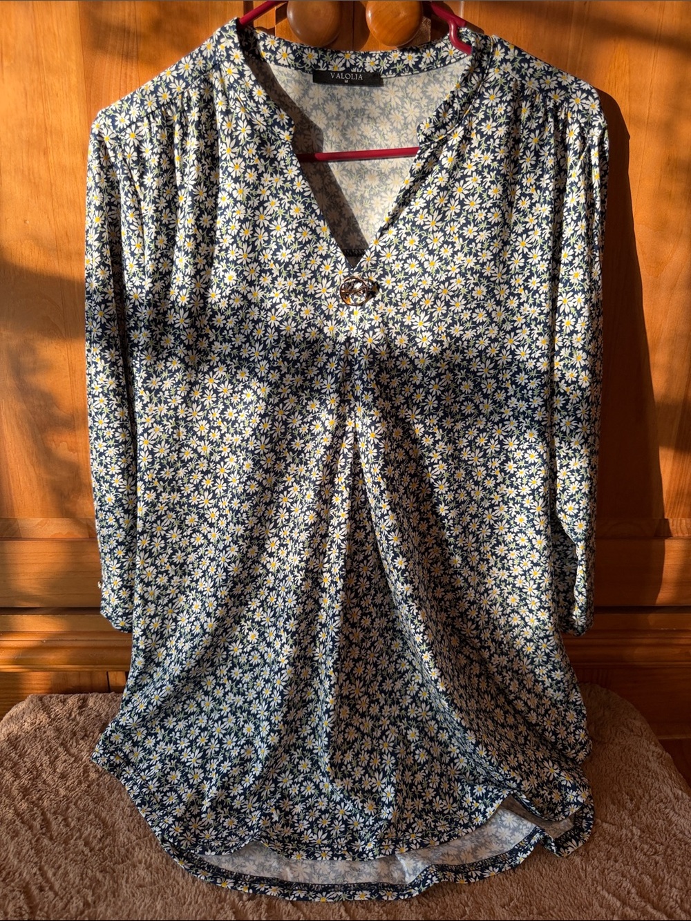 Navy Daisy Floral V-Neck Women's Tunic Top with gold embellishments